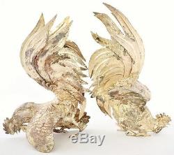 Pair Vintage Silver Italian Fighting Rooster Cock 1760 Gram Marked