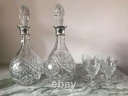 Pair Vintage Silver Mounted Cut Crystal Decanters By Roberts & Dore London 1972