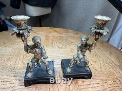 Pair Vintage Silver plated Monkey Warrior Candlestick Holder