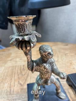 Pair Vintage Silver plated Monkey Warrior Candlestick Holder