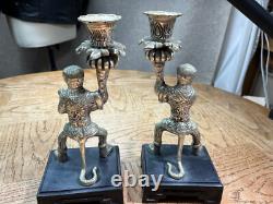 Pair Vintage Silver plated Monkey Warrior Candlestick Holder