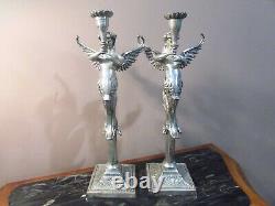 Pair Vintage Silver tone Mermaid Angel Melusine Candlestick Candle Holders