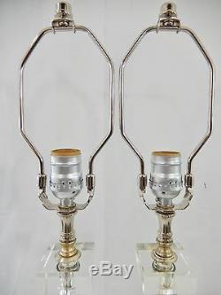 Pair Vintage Silvered Metal & Glass Column Lamps on Lucite Bases