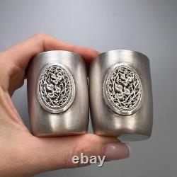 Pair Vintage Sterling Silver 925 Vodka Shot Cups Engraved Marked in Org Box 80g