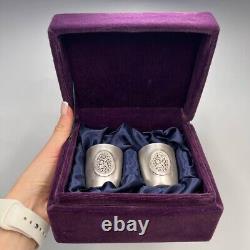 Pair Vintage Sterling Silver 925 Vodka Shot Cups Engraved Marked in Org Box 80gr