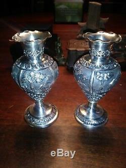 Pair Vintage Sterling Silver Repousse & Reticulated Cabinet Vases Philippines