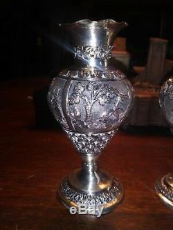 Pair Vintage Sterling Silver Repousse & Reticulated Cabinet Vases Philippines
