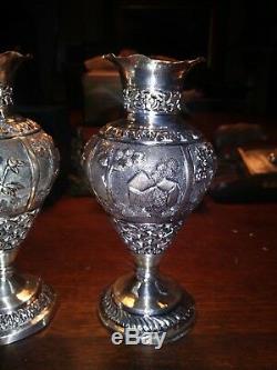 Pair Vintage Sterling Silver Repousse & Reticulated Cabinet Vases Philippines