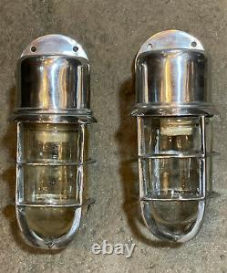 Pair Vintage Style Industrial Aluminum Caged Bracket Sconce Ship's Lights