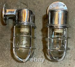 Pair Vintage Style Industrial Aluminum Caged Bracket Sconce Ship's Lights