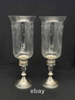 Pair Vintage TOWLE Sterling Weighted Candlesticks, Etched glass Shades, 12 3/4