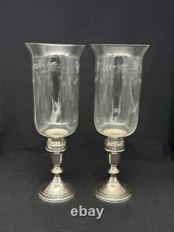 Pair Vintage TOWLE Sterling Weighted Candlesticks, Etched glass Shades, 12 3/4