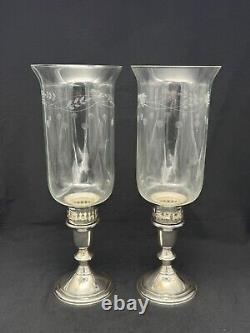 Pair Vintage TOWLE Sterling Weighted Candlesticks, Etched glass Shades, 12 3/4