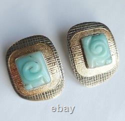 Pair Vintage Tabra Earrings Sterling Silver Jade Gold Filled 14k Gold Posts