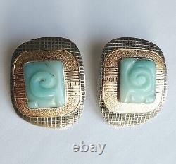 Pair Vintage Tabra Earrings Sterling Silver Jade Gold Filled 14k Gold Posts