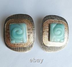 Pair Vintage Tabra Earrings Sterling Silver Jade Gold Filled 14k Gold Posts