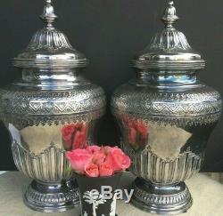 Pair Vintage Topazio Silver Plate Vases Urns Covered Jars