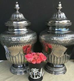 Pair Vintage Topazio Silver Plate Vases Urns Covered Jars