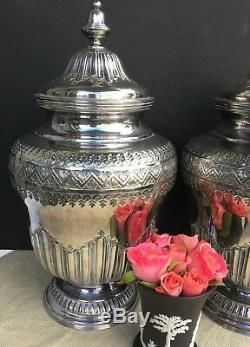 Pair Vintage Topazio Silver Plate Vases Urns Covered Jars