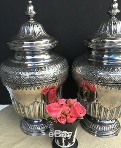 Pair Vintage Topazio Silver Plate Vases Urns Covered Jars