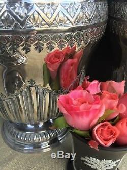 Pair Vintage Topazio Silver Plate Vases Urns Covered Jars