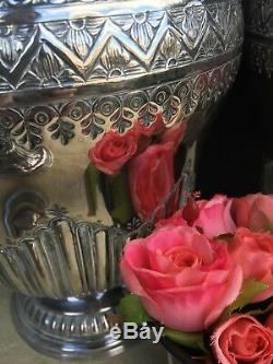 Pair Vintage Topazio Silver Plate Vases Urns Covered Jars