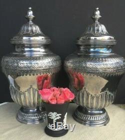 Pair Vintage Topazio Silver Plate Vases Urns Covered Jars