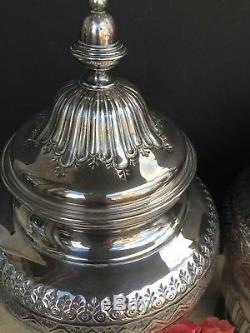 Pair Vintage Topazio Silver Plate Vases Urns Covered Jars