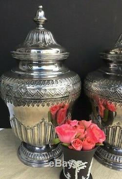 Pair Vintage Topazio Silver Plate Vases Urns Covered Jars