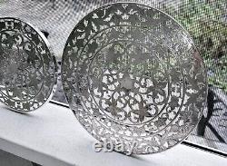 Pair Vintage Webster Floral Cut Sterling Silver Overlay Glass Trivets, Nice Shape
