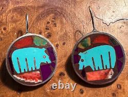 Pair Vintage Zuni Indian Inlay Bears Sterling Silver Earrings Excellent