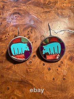 Pair Vintage Zuni Indian Inlay Bears Sterling Silver Earrings Excellent