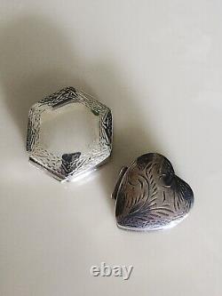 Pair Vtg Antique Victorian Style Sterling 925 Hinged Pill Snuff Boxes Heart Hex