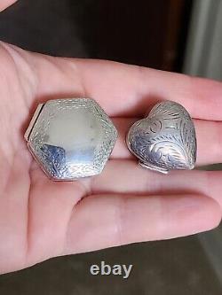 Pair Vtg Antique Victorian Style Sterling 925 Hinged Pill Snuff Boxes Heart Hex