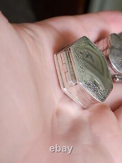 Pair Vtg Antique Victorian Style Sterling 925 Hinged Pill Snuff Boxes Heart Hex