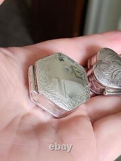 Pair Vtg Antique Victorian Style Sterling 925 Hinged Pill Snuff Boxes Heart Hex