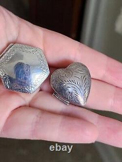 Pair Vtg Antique Victorian Style Sterling 925 Hinged Pill Snuff Boxes Heart Hex