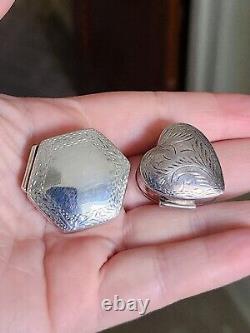 Pair Vtg Antique Victorian Style Sterling 925 Hinged Pill Snuff Boxes Heart Hex