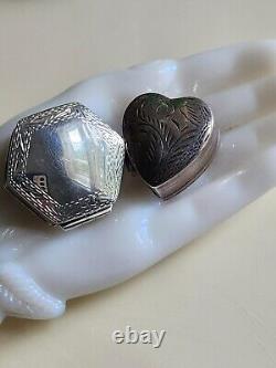 Pair Vtg Antique Victorian Style Sterling 925 Hinged Pill Snuff Boxes Heart Hex