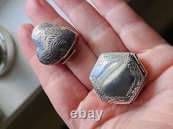 Pair Vtg Antique Victorian Style Sterling 925 Hinged Pill Snuff Boxes Heart Hex