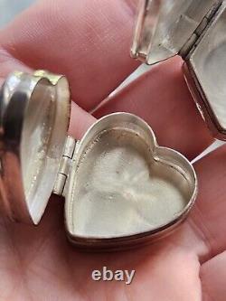 Pair Vtg Antique Victorian Style Sterling 925 Hinged Pill Snuff Boxes Heart Hex