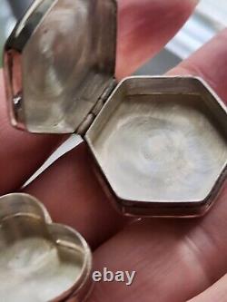 Pair Vtg Antique Victorian Style Sterling 925 Hinged Pill Snuff Boxes Heart Hex