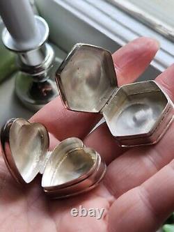 Pair Vtg Antique Victorian Style Sterling 925 Hinged Pill Snuff Boxes Heart Hex