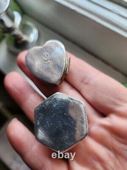 Pair Vtg Antique Victorian Style Sterling 925 Hinged Pill Snuff Boxes Heart Hex