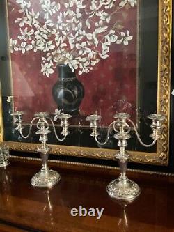 Pair Vtg. Candelabra England Silver on copper Embossed Three Candle 12.75