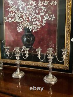 Pair Vtg. Candelabra England Silver on copper Embossed Three Candle 12.75