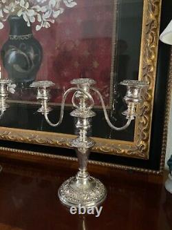 Pair Vtg. Candelabra England Silver on copper Embossed Three Candle 12.75