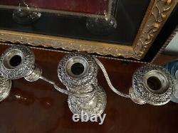 Pair Vtg. Candelabra England Silver on copper Embossed Three Candle 12.75
