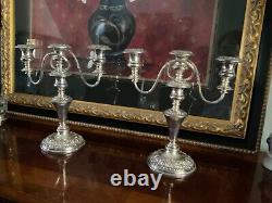 Pair Vtg. Candelabra England Silver on copper Embossed Three Candle 12.75