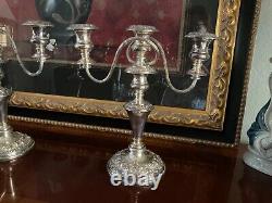 Pair Vtg. Candelabra England Silver on copper Embossed Three Candle 12.75